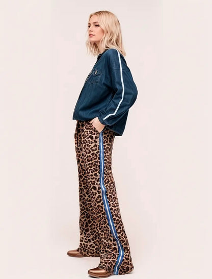 Leopard broek blauwe streep.